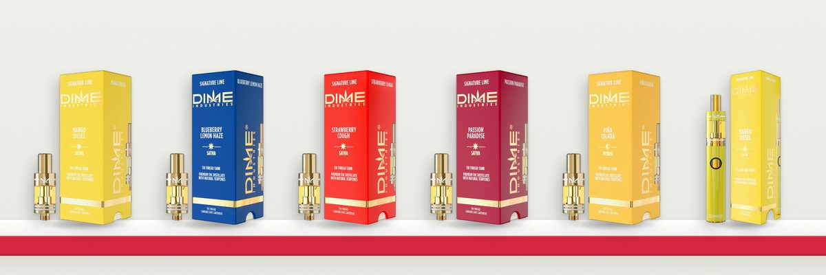 Dime Mango Diesel, Blueberry Lemon Haze, Strawberry Cough, Paradise Passion and Pina Colada cartridges with a Mango Diesel all-in-one on an endcap shelf