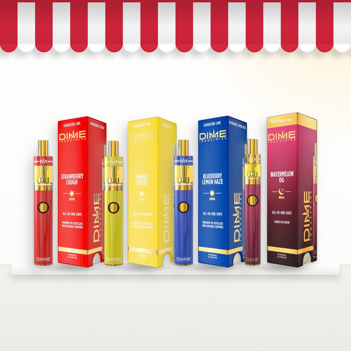 Dime Strawberry Cough, Mango Diesel, Blueberry Lemon Haze and Watermelon OG all-in-one vapes on a storefront window sill