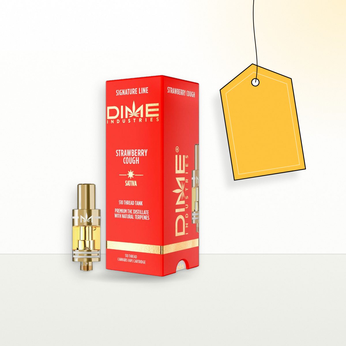 Dime Strawberry Cough 1g 510 vape cartridge beside a blank yellow price tag